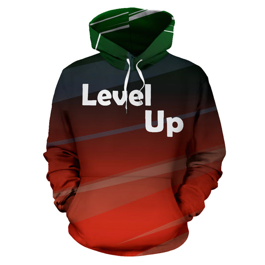  Level Up Text Design Hoodie front view – Black-Owned premium polyester hoodie designed for confidence, growth, and everyday style