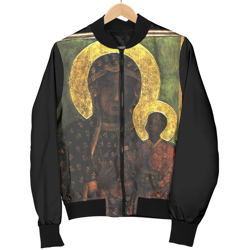 Madonna and Child Design bomber jacket hanging display – Black-Owned premium jacket by Nagast Footwear, featuring cultural heritage artwork and stylish craftsmanship.