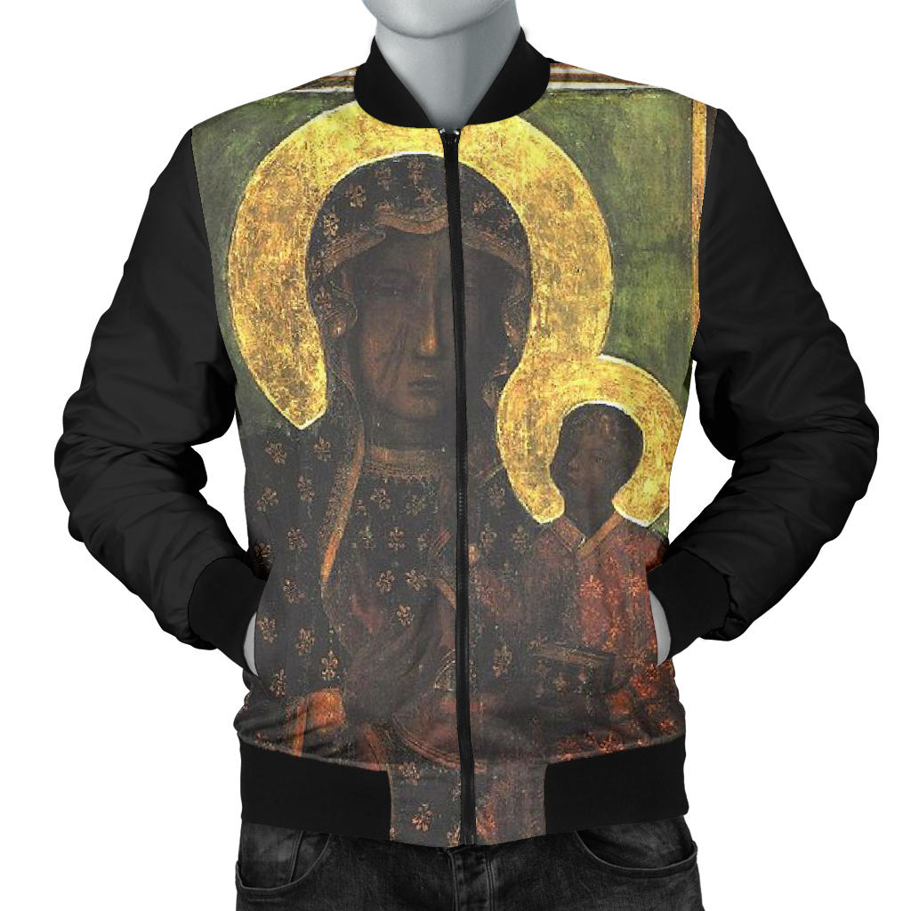 Front view of mannequin wearing Madonna and Child Design Bomber Jacket, showcasing vibrant artwork and premium detailing.
