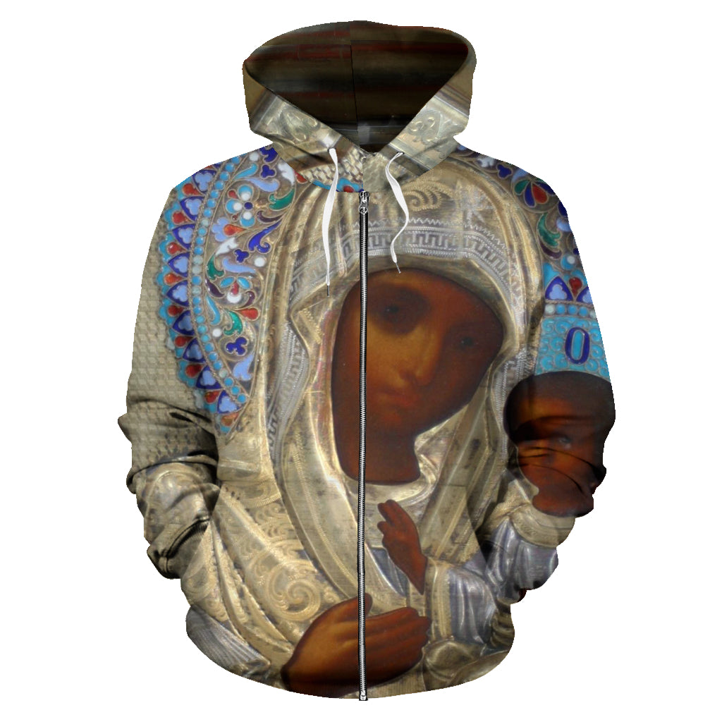 Front view of Madonna’s Design Hoodie by Black-owned brand Nagast Footwear, showcasing bold cultural artwork and premium zip-up style.