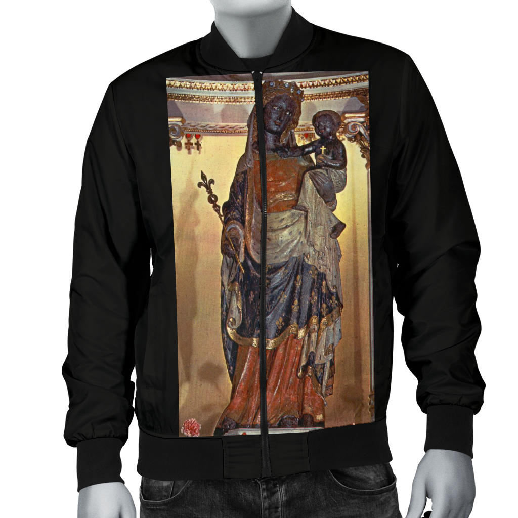 Front view of mannequin wearing Madonna Style Bomber Jacket, showcasing zipper closure and sleek black design.