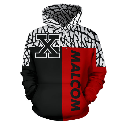 Front view of Malcolm X Text Custom Hoodie by a Black-Owned brand. Features bold design and cultural pride.