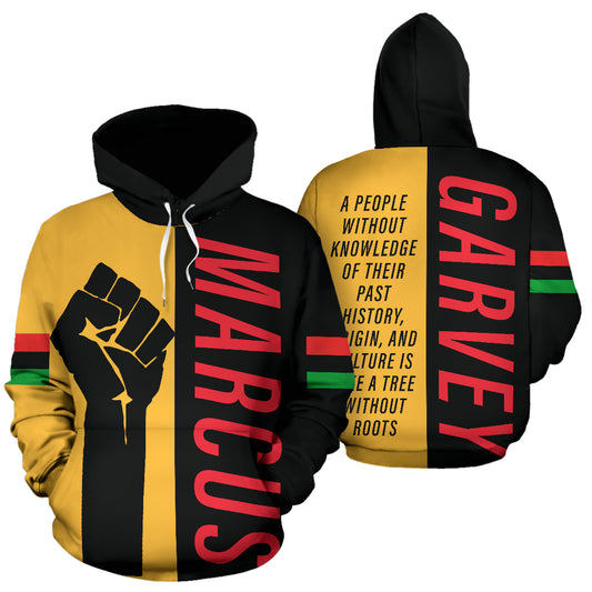 A custom-printed hoodie with a design featuring Marcus Garvey's name and a fist graphic, primarily in yellow, black, and red colors.