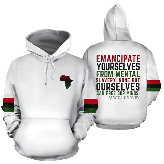 A white hoodie with text and a graphic design, featuring a striped pattern with a red and blue flag motif and the Marcus Garvey quote.