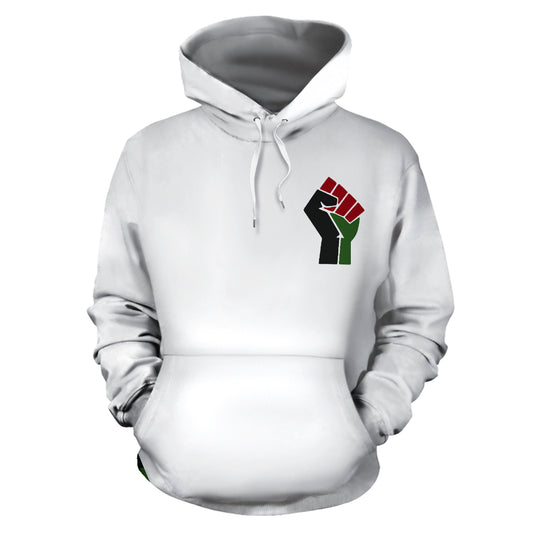 Front view of the Marcus Garvey Knowledge Design White Hoodie featuring a bold text design representing cultural pride, by a Black-Owned brand.