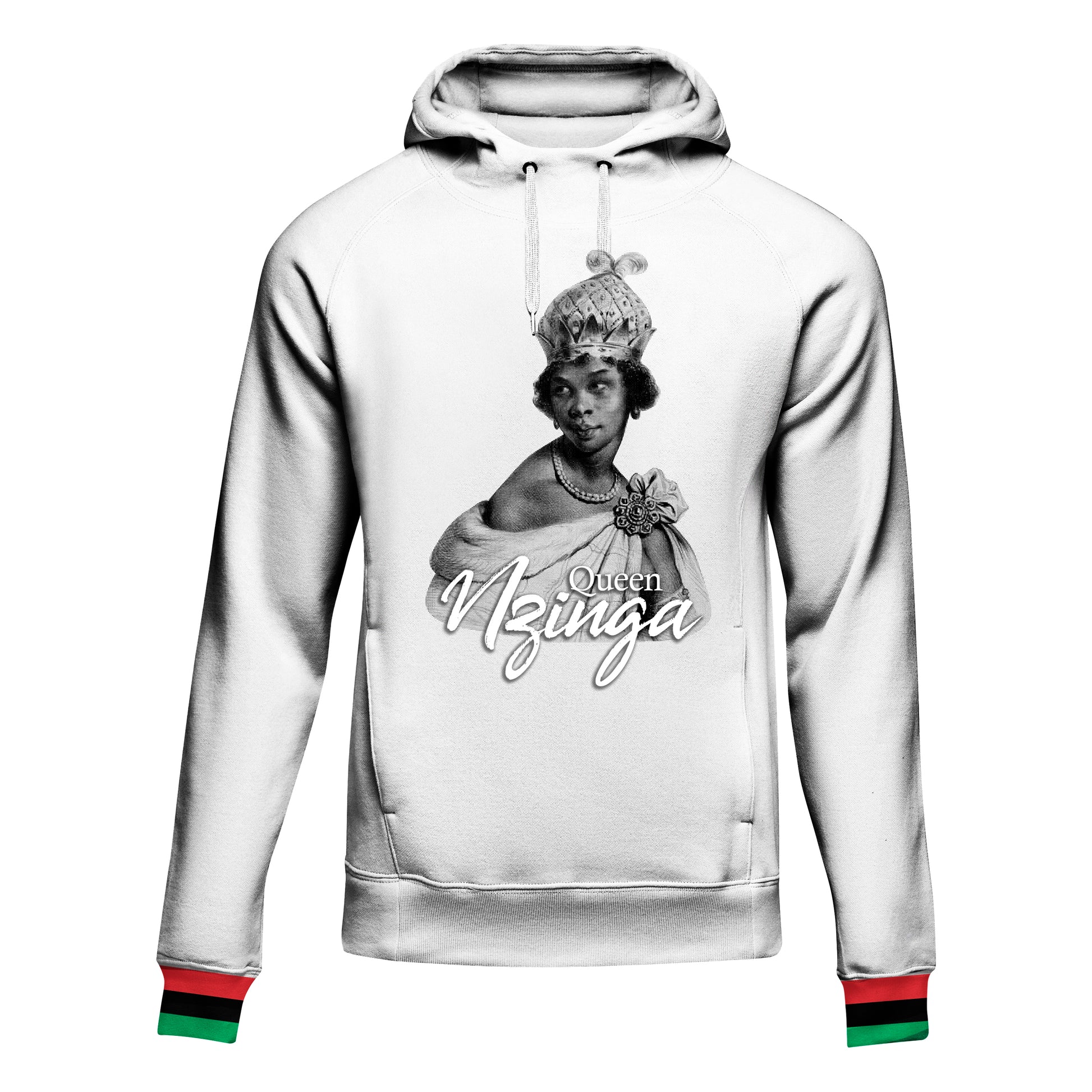  Queen Nzinga Photo Design White Hoodie front view – Black-Owned hoodie with black-and-white Queen Nzinga portrait print, featuring premium polyester fabric, red and green cuff accents, and cultural heritage design