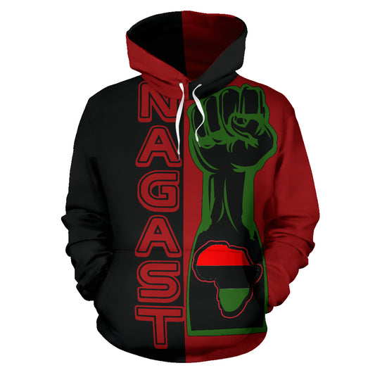 Nagast-hoodie with a design resembling a clenched fist and the text 'NAGAST' prominently displayed on the front. The hoodie features a split design with one half red and the other black, with a graphic of a green, yellow, and red pan-African flag on the front.
