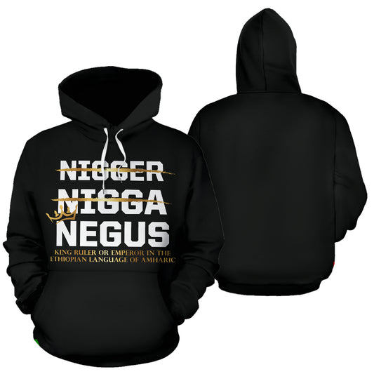 NEGUS Black Hoodie front and back view together – durable, comfortable polyester hoodie representing Black-Owned pride.