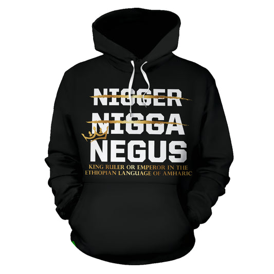 NEGUS Black Hoodie front view – premium polyester custom-made hoodie from a Black-Owned brand, showcasing strength and royalty.