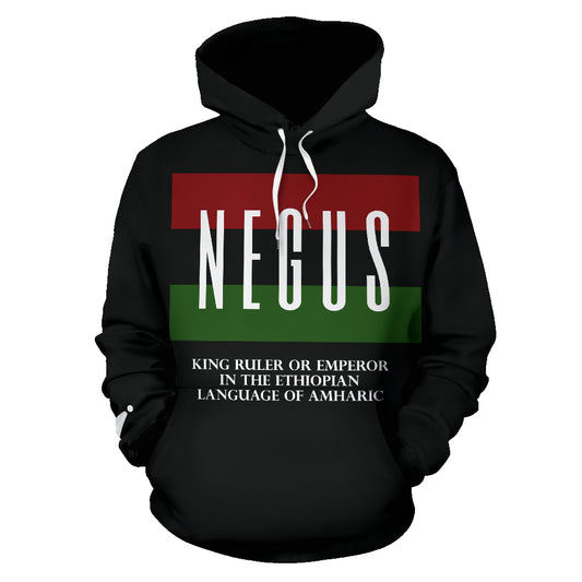 Front view of NEGUS Design Black Hoodie from a Black-Owned brand, showcasing bold text design and premium fit.