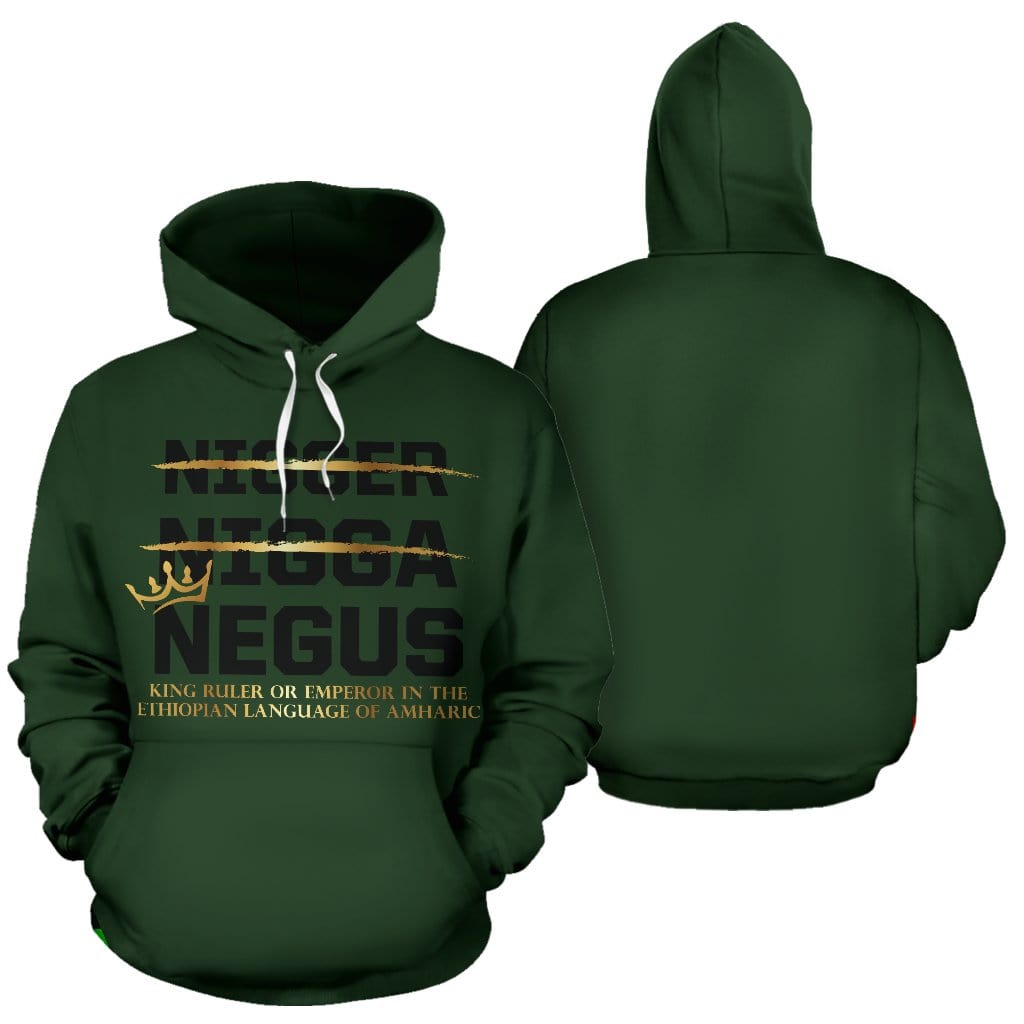 Front and back views of the NEGUS Green/Gold Hoodie with bold text on green and gold fabric, designed by a Black-Owned brand.