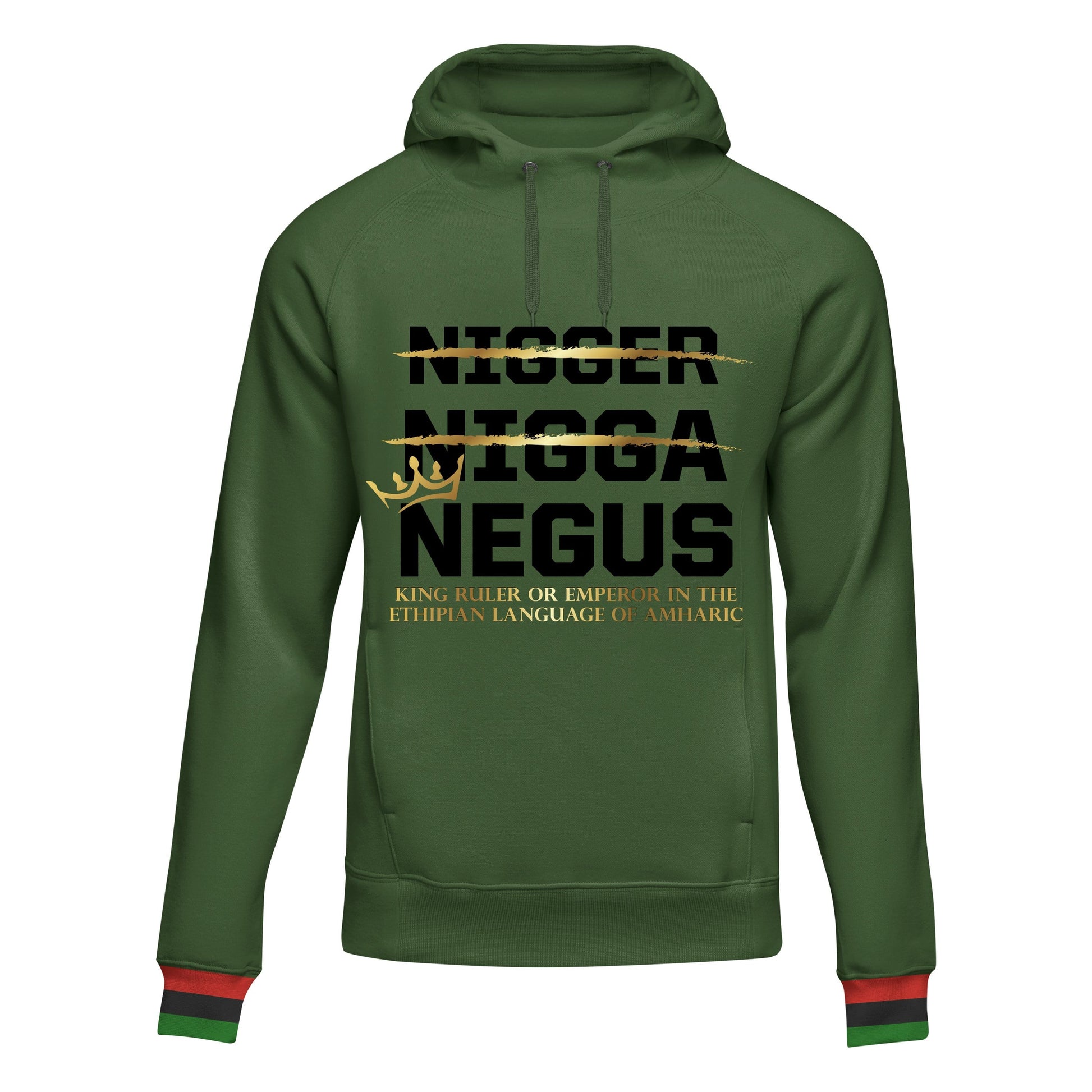 Front view of the NEGUS Green/Gold Hoodie with bold text design on green and gold fabric by a Black-Owned brand.