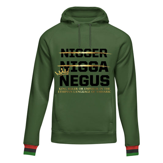 Front view of the NEGUS Green/Gold Hoodie with bold text design on green and gold fabric by a Black-Owned brand.