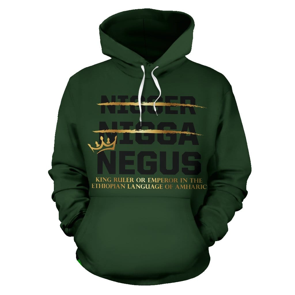 Front view of the NEGUS Green/Gold Hoodie with bold text design on green and gold fabric by a Black-Owned brand.