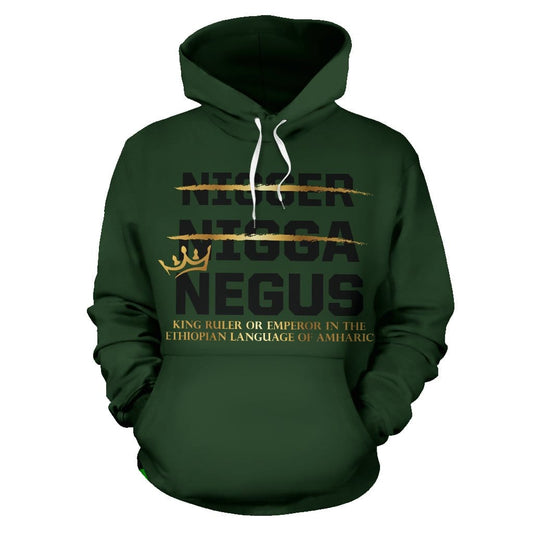 Front view of the NEGUS Green/Gold Hoodie with bold text design on green and gold fabric by a Black-Owned brand.