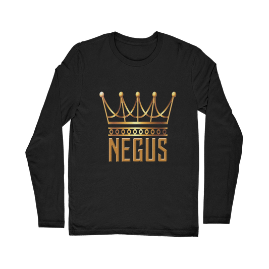 Black NEGUS King Long Sleeve T-Shirt with gold crown and text design – Black-Owned fashion symbolizing royalty and pride.