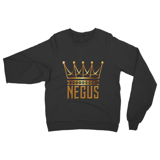 Black crew neck sweatshirt with a gold crown design and the text 'NEGUS' below the crown.