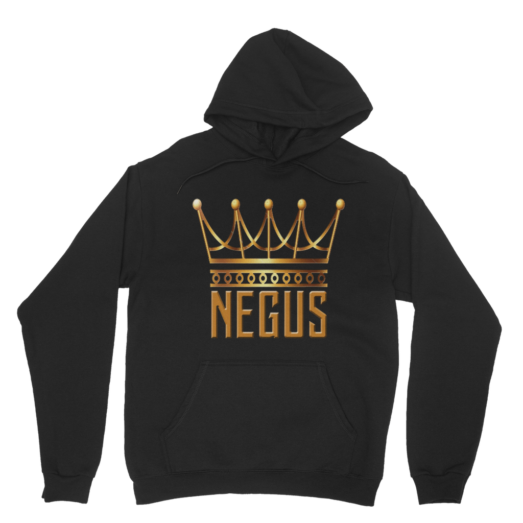 Black hooded sweatshirt with 'NEGUS' text and a golden crown design on the front.