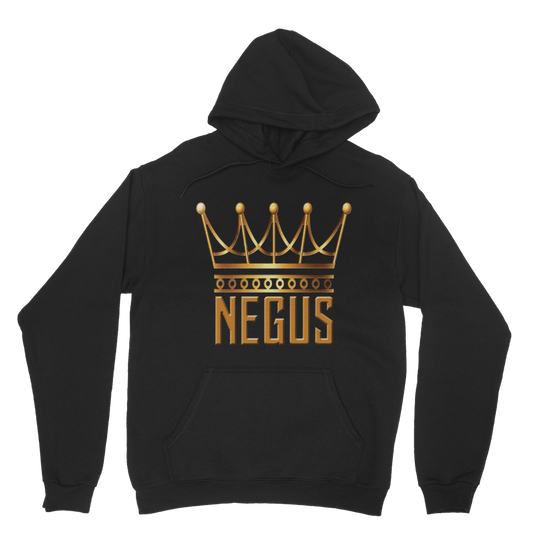 Black hooded sweatshirt with 'NEGUS' text and a golden crown design on the front.