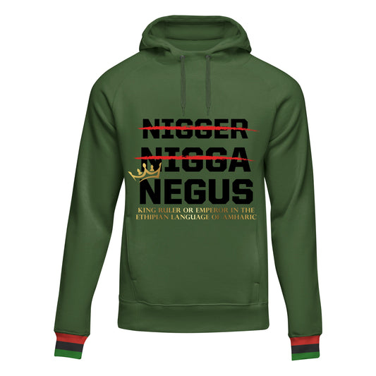 Front view of the NEGUS Green Hoodie with bold text design, crafted by a Black-Owned brand using premium polyester.