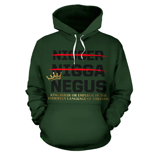 Front view of the NEGUS Green Hoodie 2 with bold text design, crafted by a Black-Owned brand using premium polyester.