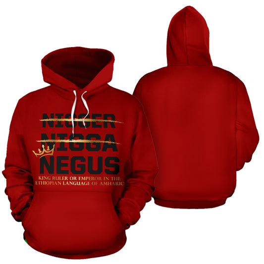 Front and back views of the NEGUS Text Design Red Hoodie by a Black-Owned brand. This premium custom-made hoodie features bold “NEGUS” text on the front, symbolizing royalty and cultural pride, with a clean back design. Crafted from high-quality polyester blend for everyday comfort and powerful expression.