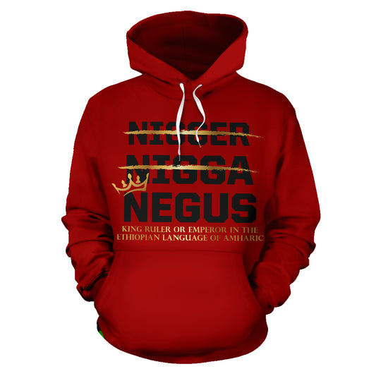 A red hoodie with 'KING BULLER OR EMPEROR IN THE ETHIOPIAN LANGUAGE OF AMBERIC' printed in black text on the front.