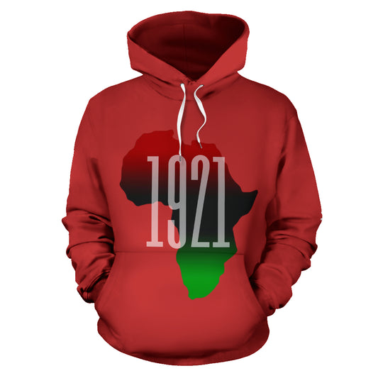A red hoodie with the text '1921' and a silhouette of Africa in the center, indicating a historical or commemorative theme.