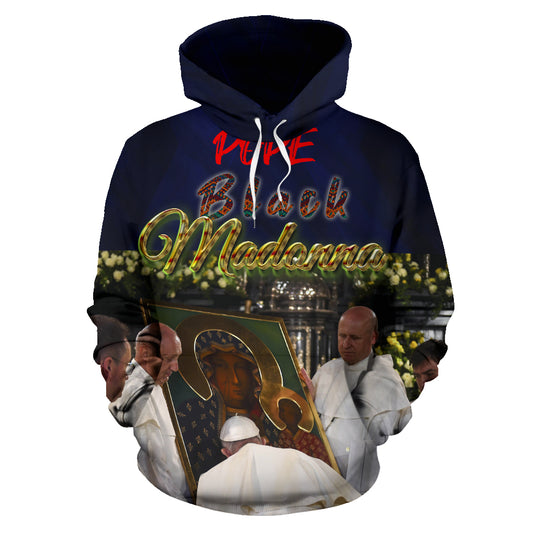 A men's navy blue hoodie with 'WINE BLACK MADONNA' text and a graphic print of a pope and two men in religious attire.