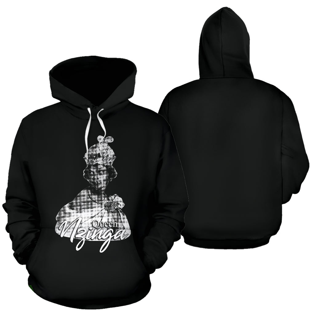  Queen Nzinga Photo Design Black Hoodie showing both front and back views – Black-Owned premium hoodie honoring Queen Nzinga’s legacy with cultural pride and modern style
