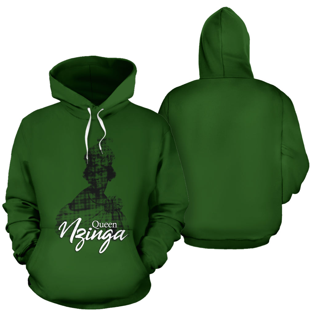 Queen Nzinga Photo Design Green Hoodie showing both front and back views – Black-Owned custom hoodie made from premium polyester blend, honoring Queen Nzinga’s legacy with cultural pride and stylish comfort