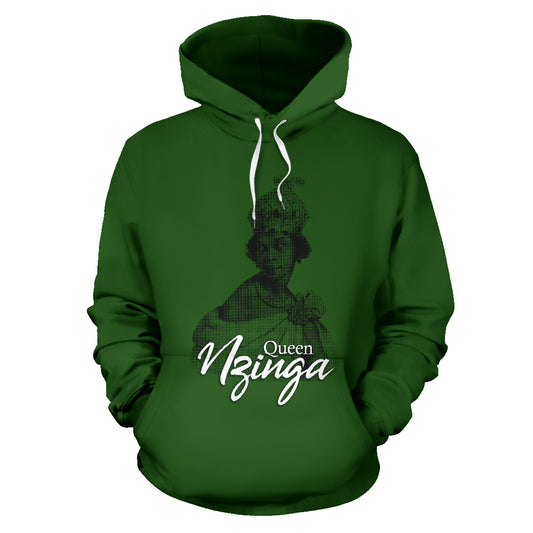 Queen Nzinga Photo Design Green Hoodie front view – Black-Owned premium polyester hoodie celebrating Queen Nzinga’s powerful legacy with cultural pride