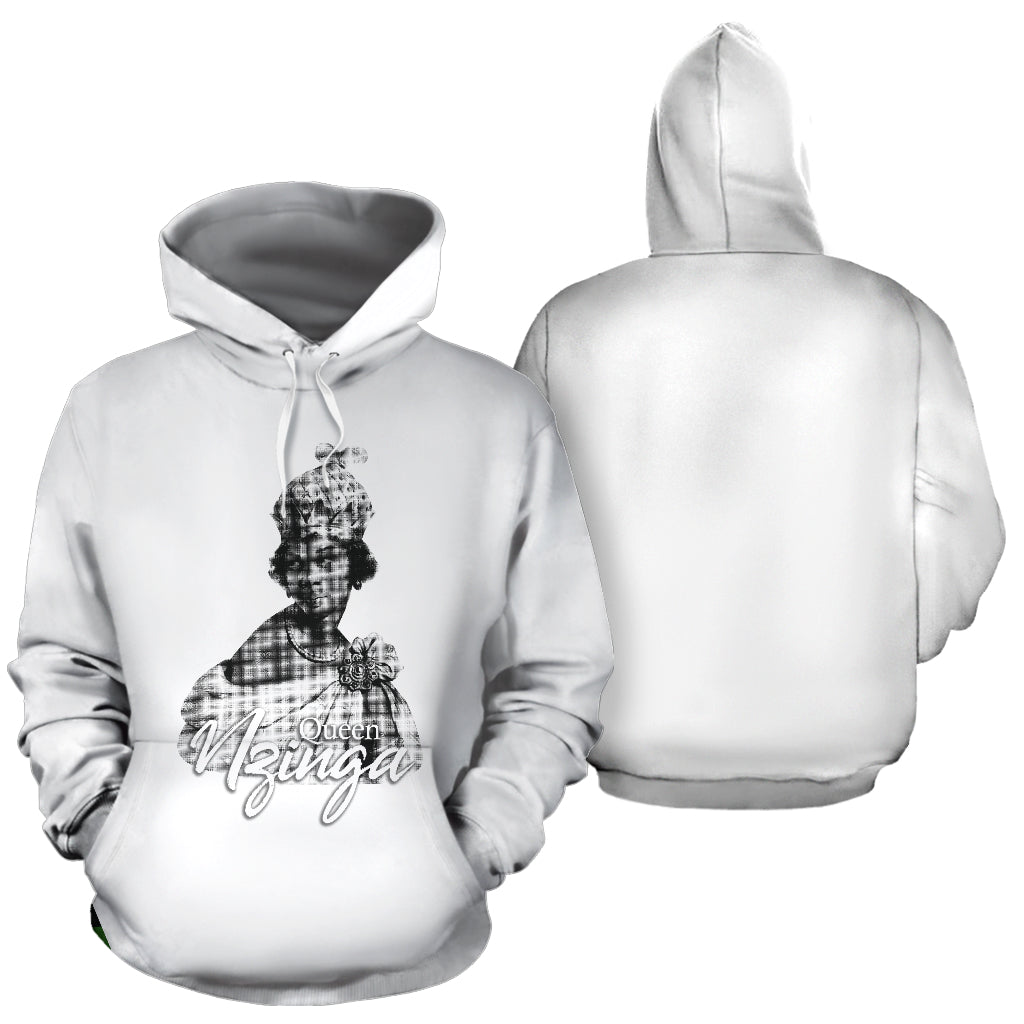 Queen Nzinga Photo Design White Hoodie showing both front and back views – Black-Owned premium polyester hoodie honoring Queen Nzinga’s legacy with cultural pride, comfort, and heritage-inspired style