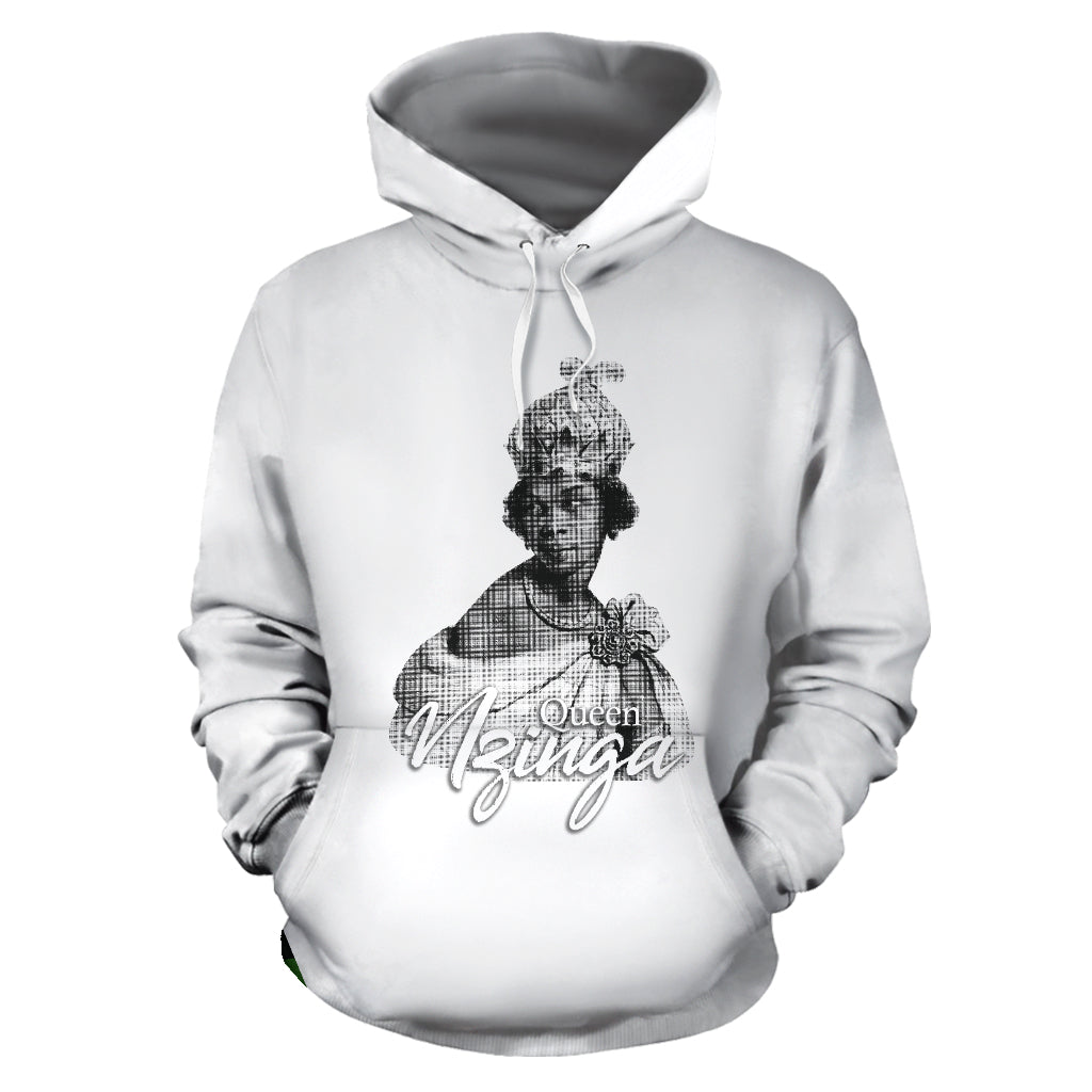 White hoodie with an image of Queen Nzinga and the text 'QUEEN NZINGA' on the front.