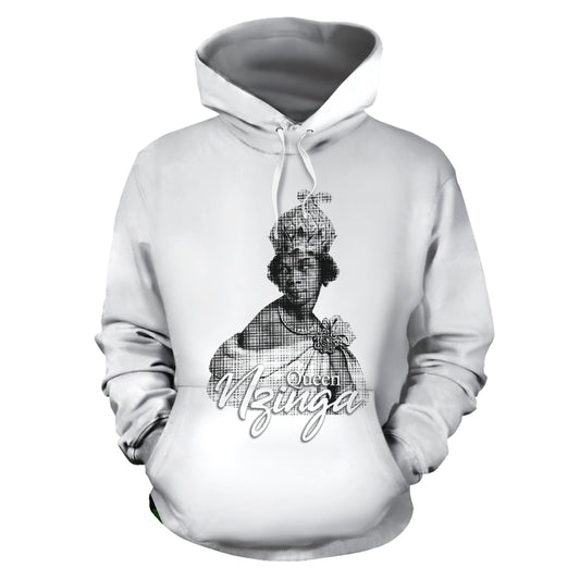 White hoodie with an image of Queen Nzinga and the text 'QUEEN NZINGA' on the front.