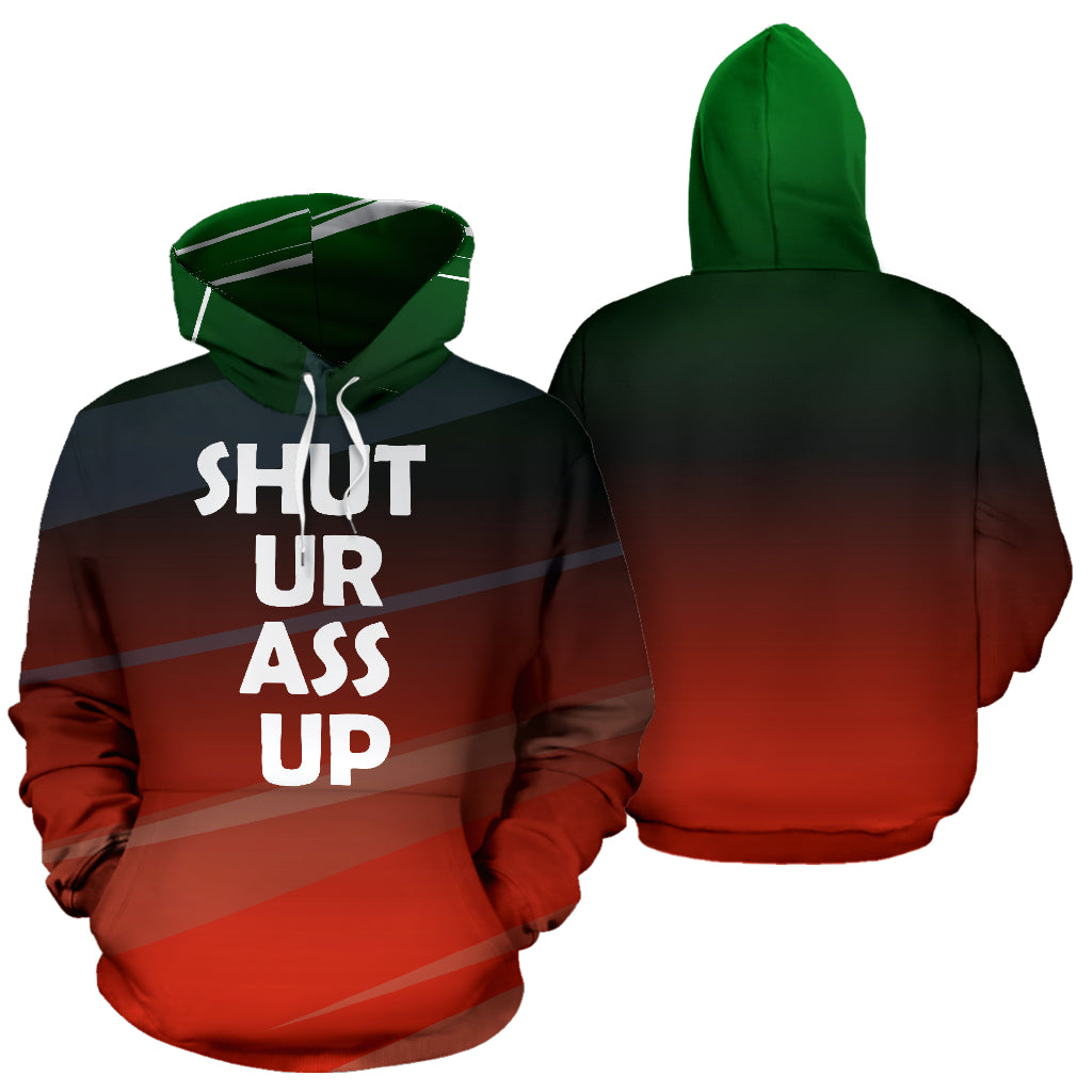  Shut Your Ass Up Text Design Hoodie showing both front and back views – Black-Owned premium polyester hoodie offering bold attitude, comfort, and standout style