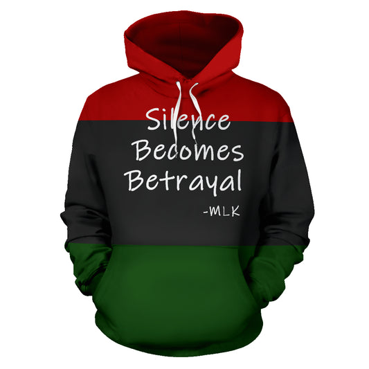  Silence Becomes Betrayal Text Design Hoodie front view – Black-Owned custom-made premium polyester hoodie making a bold statement for justice and resilience
