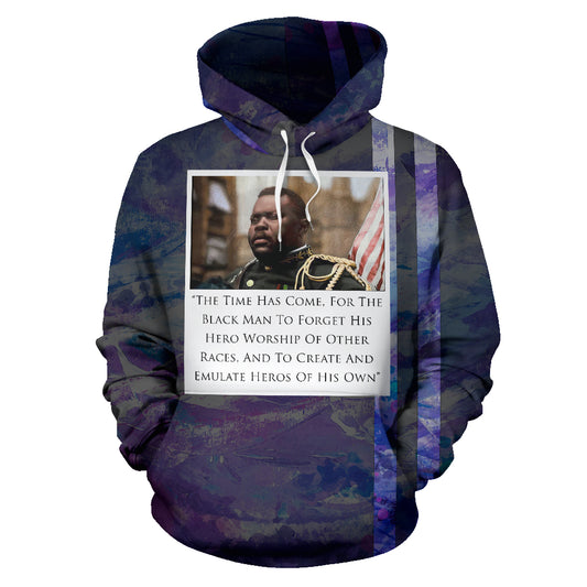 A men's hoodie with a purple and blue camouflage pattern on the background and a black man's portrait with a quote on the front.