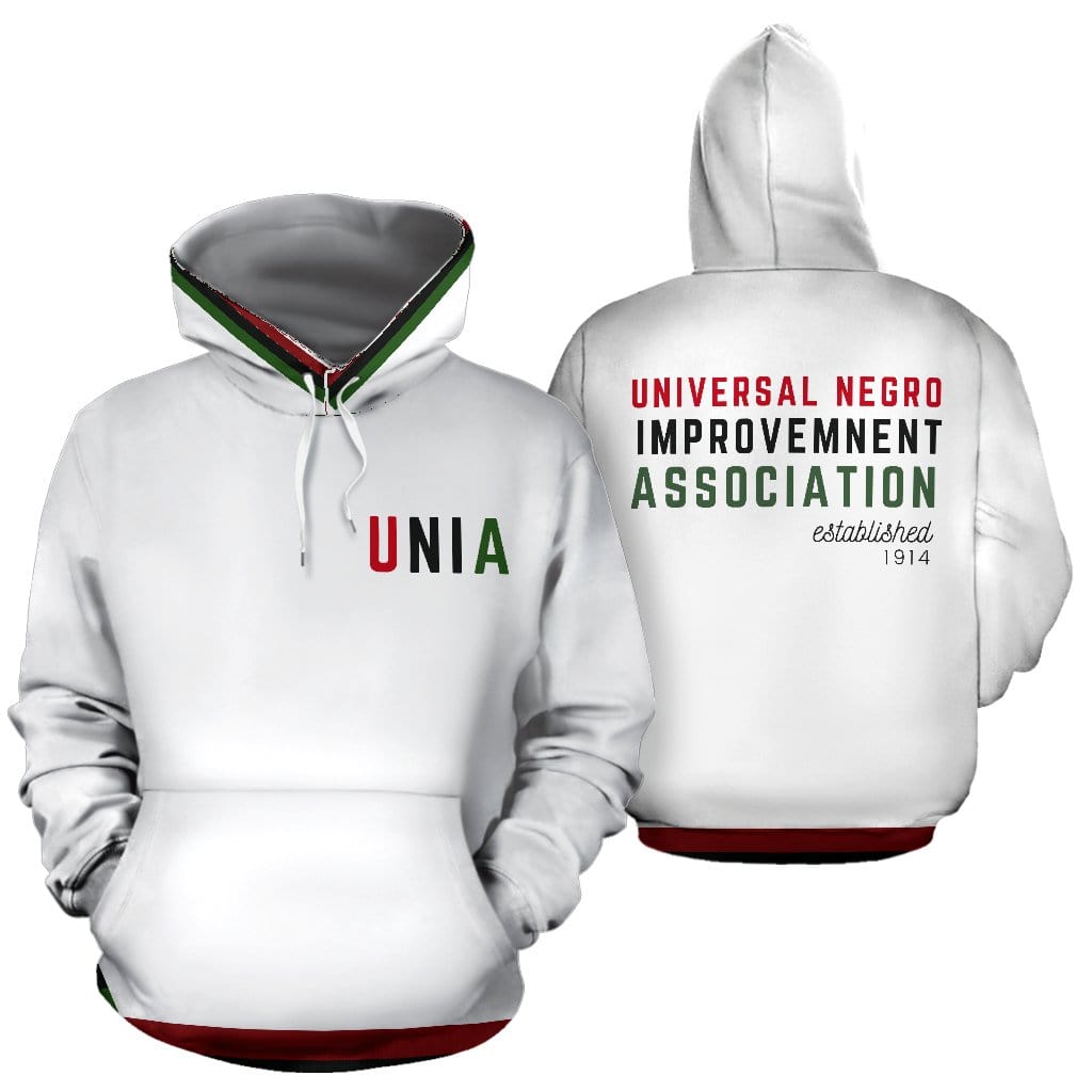 A white hoodie with 'UNIA' and 'Universal Negro Improvement Association' text along with a date '1914' on the front and back. The hoodie features a high definition heat-dye application.