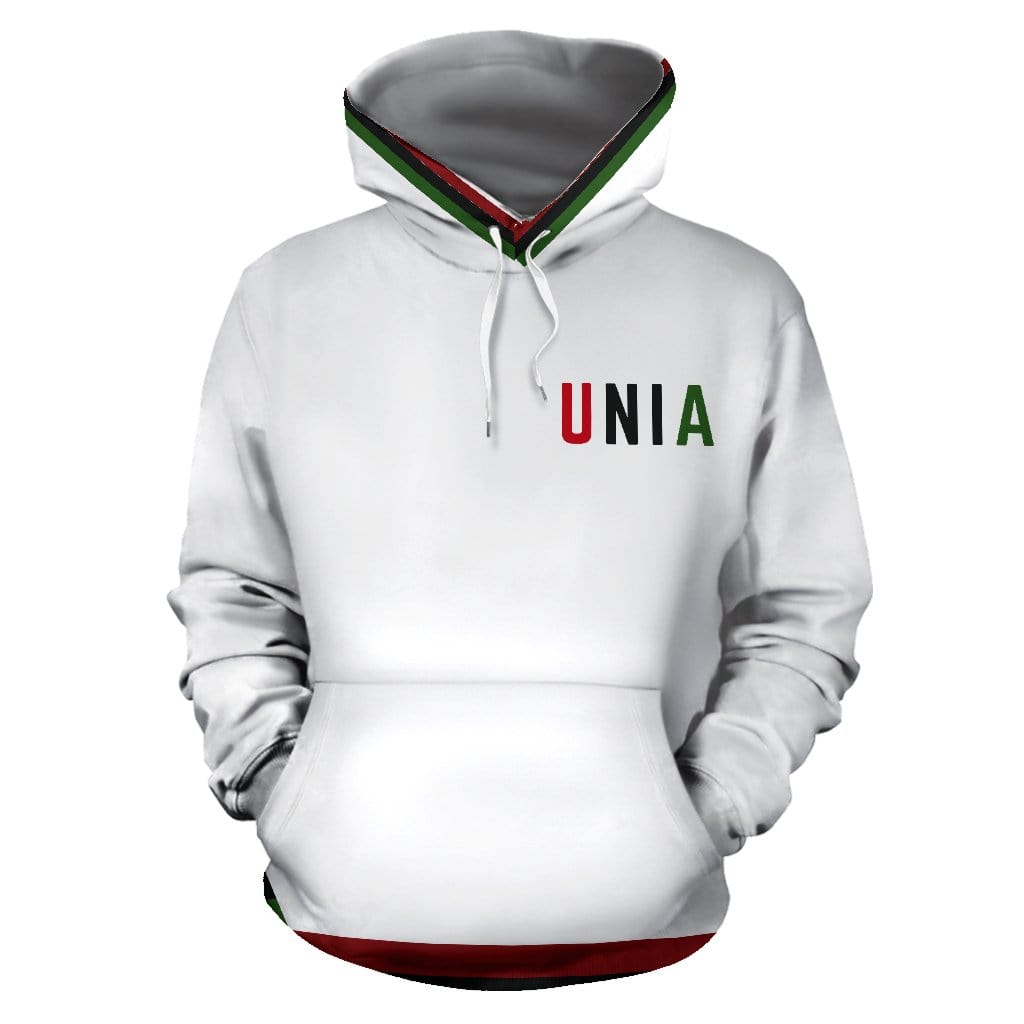 Front view of the UNIA Text Design White Hoodie – bold text design displayed clearly. Crafted from premium polyester by a Black-Owned brand, ensuring both comfort and cultural pride.