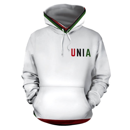 Front view of the UNIA Text Design White Hoodie – bold text design displayed clearly. Crafted from premium polyester by a Black-Owned brand, ensuring both comfort and cultural pride.