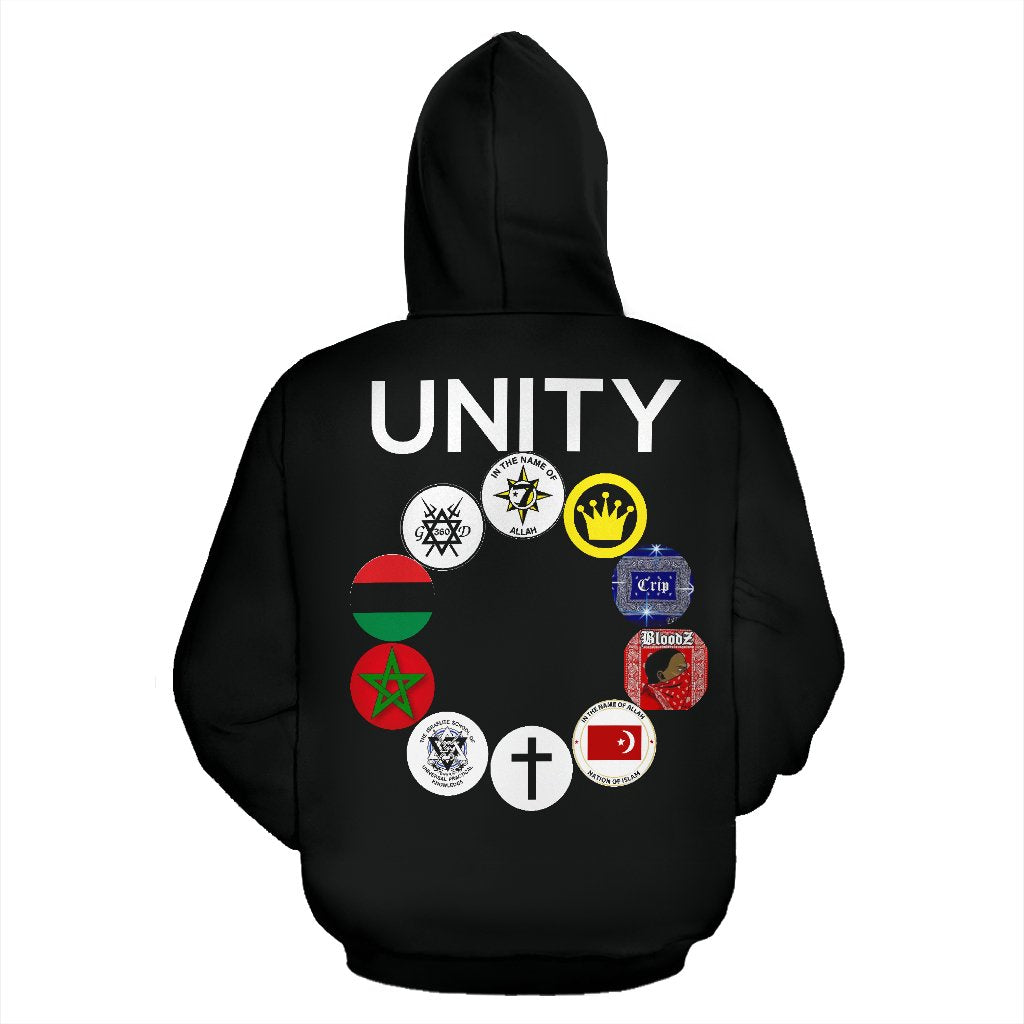 Back view of UNITY Patch Black Hoodie, highlighting patch detail and clean stitching.