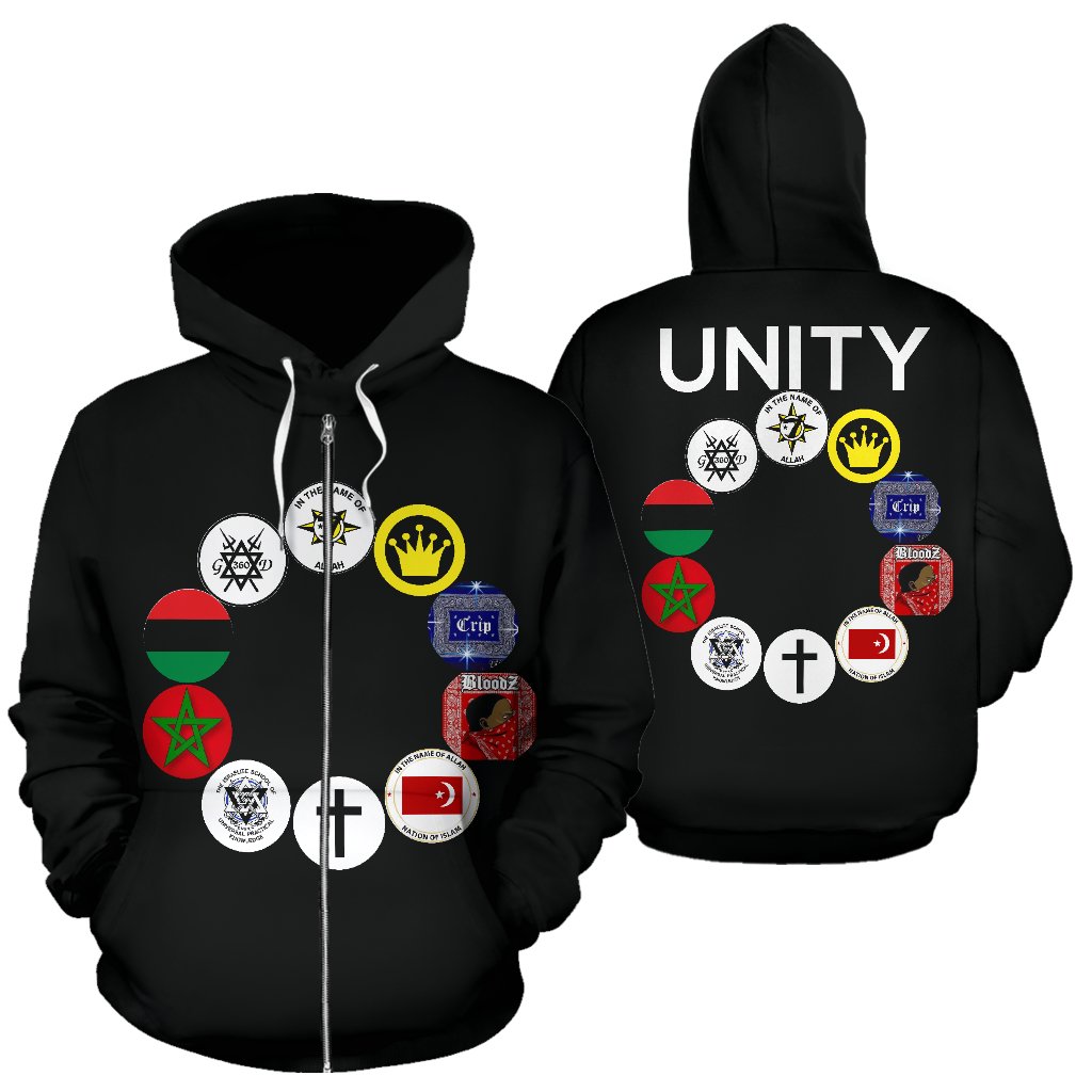 UNITY Patch Black Hoodie shown front and back side by side for full design overview.