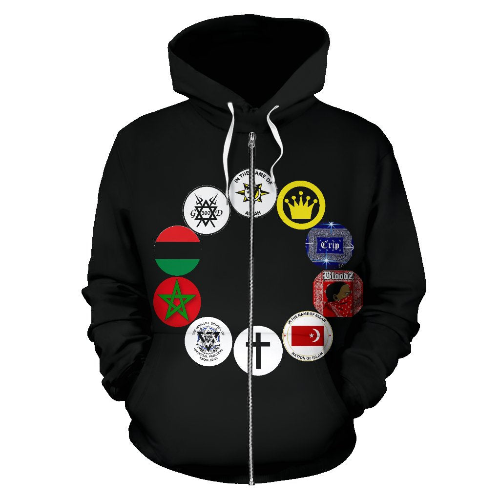 UNITY Patch Black Hoodie displayed front-facing, showing zip-up design and premium fabric.