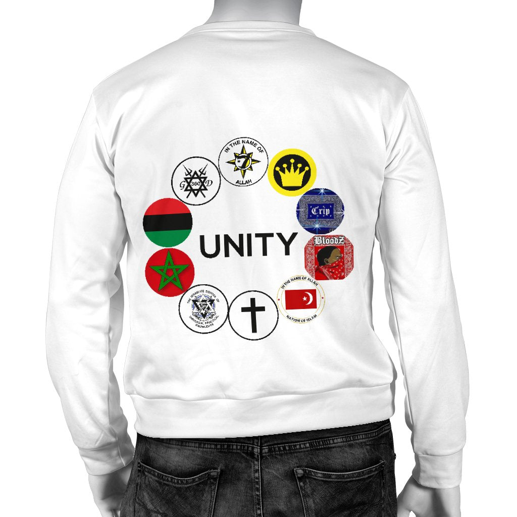 Back view of UNITY Patch White Sweater on a mannequin, showing clean white design with subtle detailing.