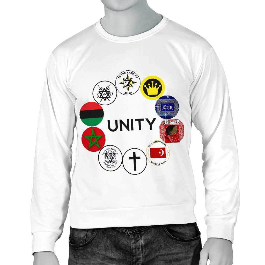 A white sweater with a collection of different colored patches featuring various symbols and the word 'UNITY' displayed prominently on the front.