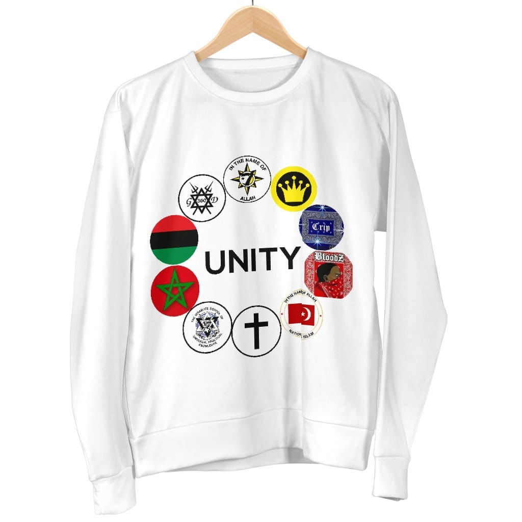 UNITY Patch White Sweater displayed hanging on a hanger, highlighting its clean design and premium material.
