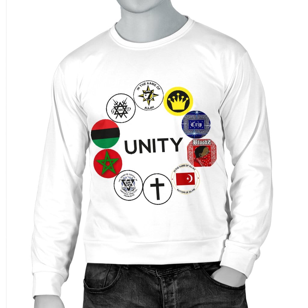 Mannequin wearing UNITY Patch White Sweater with one hand in pocket, showcasing casual streetwear style.