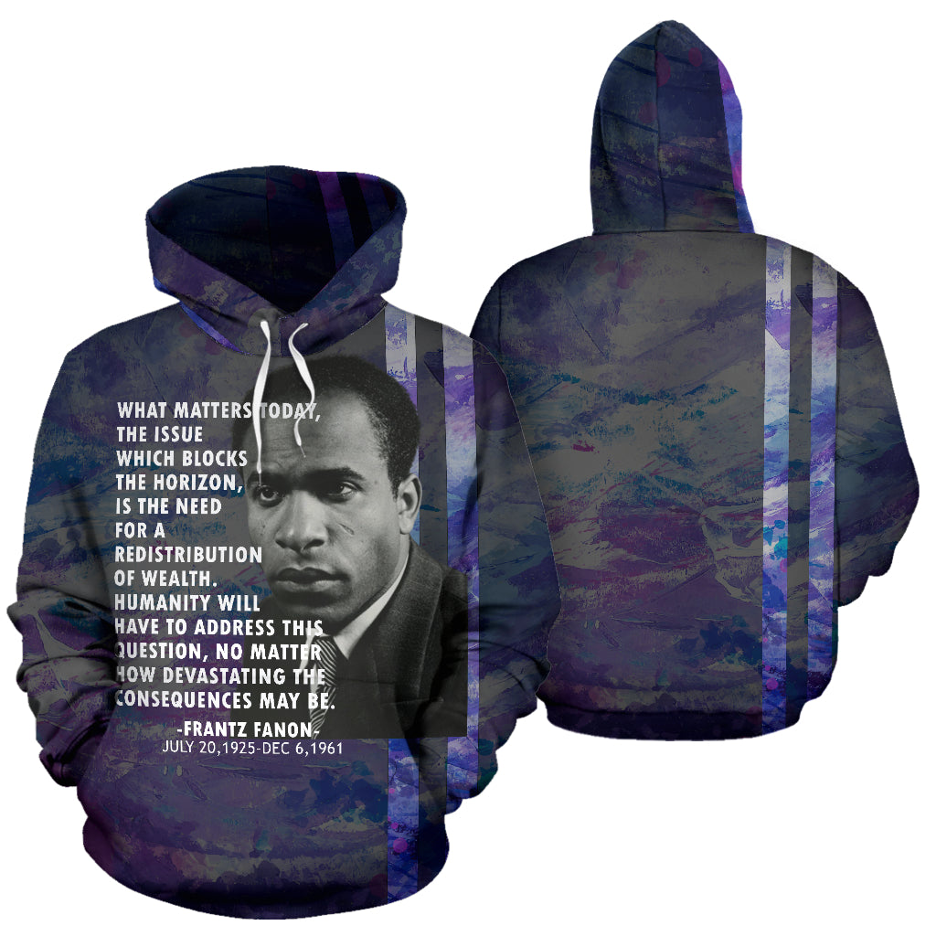 What Matters Today - Frantz Fanon Hoodie showing both front and back views – Black-Owned premium polyester blend hoodie representing cultural pride and resistance